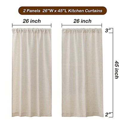 Valea Home Linen Kitchen Curtains 45 Inch Length Rustic Farmhouse Crude Short Cafe Curtains Rod Pocket Tiers for Small Window Bathroom Basement, Natural, 2 Panels - size: 26"W x 45"L (Pack of 2)