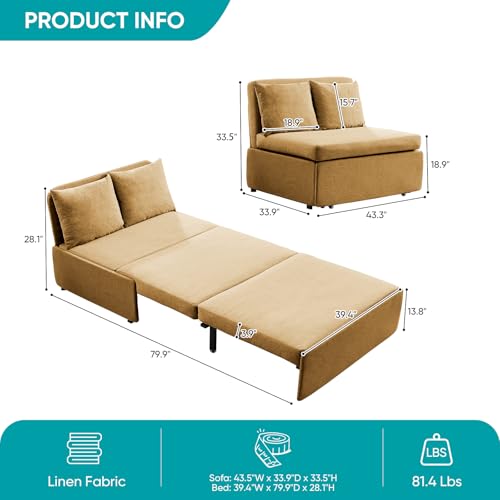 BALUS 43" W Twin Size Sleeper Couch Bed Pull Out Sofa with Pullout Beds, 2 in 1 Convertible Linen Single Sleepers Sofas Chair with Foldable Mattress and Pillows for Small Space Apartment, Yellow - color: Yellow, size: Twin