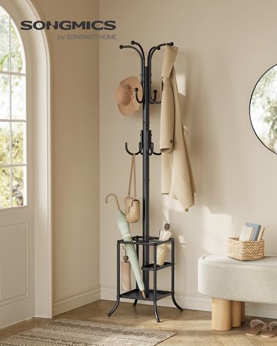SONGMICS Coat Rack Freestanding Metal Coat Rack Stand with 12 Hooks | Coat Rack with Umbrella Holder - style: with square umbrella holder