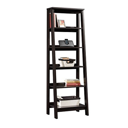 Sauder Ladder Bookshelf 5 Tier Trestle Ladder Shelf Wooden Bookcase, in Jamocha Wood - color: Chalked Chestnut
