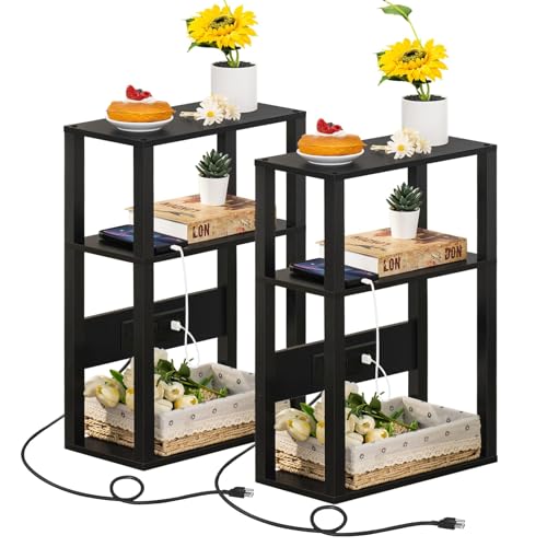 YUFAM 3-Tier Narrow Bedside Table Set 2 for Small Spaces, Skinny Nightstand | Thin Side Table with Charging Station, Slim End Table with USB & Outlets, Easy Assembly for Couch, Living Room, Bedroom,Black - color: Black, size: 2 Pack