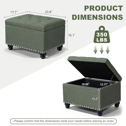 Ottoman with Storage, Fabric Ottoman Foot Rest 24" Rectangle Tufted Foot Stools Ottomans with Hinged Lid Upholstered Button Ottomans for Bedroom Living Room Entryway, Green - color: Green
