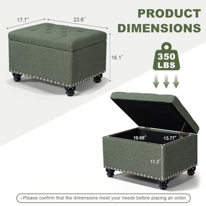Ottoman with Storage, Fabric Ottoman Foot Rest 24" Rectangle Tufted Foot Stools Ottomans with Hinged Lid Upholstered Button Ottomans for Bedroom Living Room Entryway, Green - color: Green