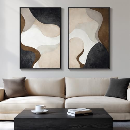 Large Framed Neutral Abstract Minimalist Wall Art Set of 2, Modern Canvas Prints Paintings Artwork for Walls, Black Beige Brown Abstract Art Pictures for Living Room Dining Bedroom Wall Decor 24x36 In - color: Fluid Shapes, size: 24" W x 36" H x 2Pcs