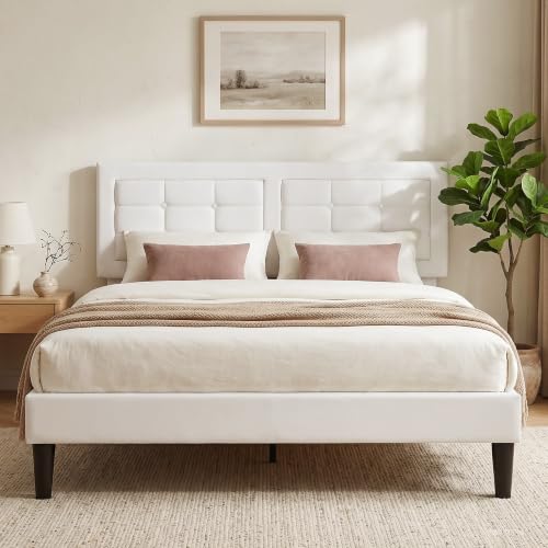 VECELO Full Size Bed Frame, Adjustable Upholstered Button Tufted Headboard, Heavy-Duty Bedframe with Wood Slats Support, No Box Spring Needed, Linen & White - color: Linen & White, size: Full, style: Bed Frame