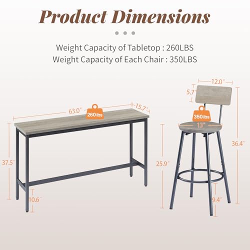 63” Long Bar Table Set for 3, Counter Height Industrial Pub Table with 3 PU Upholstered Bar Stools, Space-Saving Kitchen Breakfast Table and Chairs for Small Spaces, Rustic Gray and Black - color: Grey, style: Long bar table with stools/bar table set for