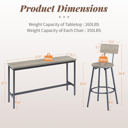 63” Long Bar Table Set for 3, Counter Height Industrial Pub Table with 3 PU Upholstered Bar Stools, Space-Saving Kitchen Breakfast Table and Chairs for Small Spaces, Rustic Gray and Black - color: Grey, style: Long bar table with stools/bar table set for