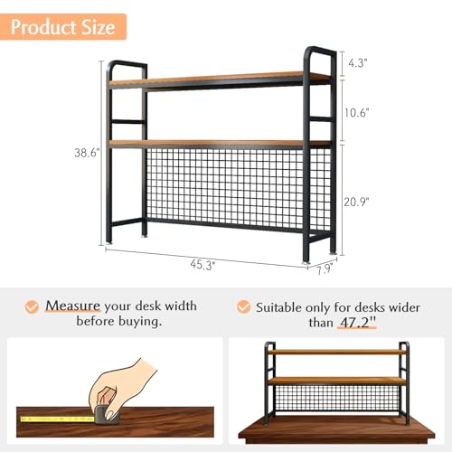 IOTXY 2-Tier Desktop Hutch Bookshelf, Metal Desk Shelf, Black, 45.3" W | Steel Frame, 2 MDF Shelves, Grid Panel with 5 Hooks, Fits Over Monitors Up to 27" for Dorm Desks and Home Offices - color: Black, size: 45.3"W
