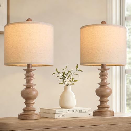 20” Small Traditional Table Lamps Set of 2 for Bedroom, Farmhouse Resin Bedside Lamps for Night Stands, Rustic Light Brown Lamps for Living Room Side Table Ideal for Compact Spaces