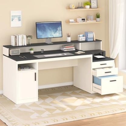 65" Computer Desk with 3 Drawers & Printer Shelf for Home Office | Office Desk with Printer Shelf & File Drawer, Executive Desk Writing Study Table with Monitor Stand, Black & White - color: Black & White