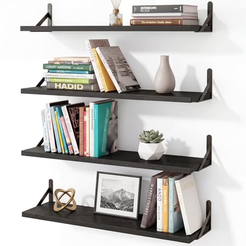 YGEOMER 23.6in Floating Shelves for Wall Home Decor, Black, Wood, Set of 4 | Rustic wood shelves with metal brackets. Space-saving for books & decor. Works in bathroom, kitchen, living room & bedroom. - color: Black, size: 23inch Standard