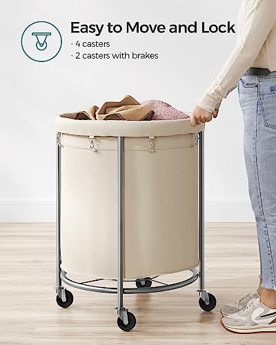 SONGMICS Laundry Basket, Rolling Steel Frame with 2 Locking Wheels, 190 L | Heavy-Duty Laundry Hamper Cart with Removable Bag, White and Metallic Silver, URLS01MZ - color: Cream White + Metallic Silver, size: 190 L (1-Section)