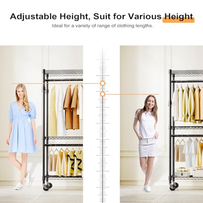 M MZG Heavy Duty Rolling Garment Rack 3 Tiers Adjustable Wire Shelving Clothes Rack with 2 Rods and Side Hooks,Storage Closet Clothing Rack with Wheels Black 15.7" D x 29.5" W x 74.5" H - color: Black, size: 3 Tier with 2 rod, 15.7"D x 29.5"W x 74.5"H