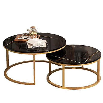WiberWi Round Coffee Table Nesting Tables Set of 2, Large : Ø 34.0", Small : Ø 26.0", Modern Design Coffee Tables for Living Room, Gold Metal Frame Circle Cocktail Table, High Glossy Faux Black Marble - color: Black Faux Marble
