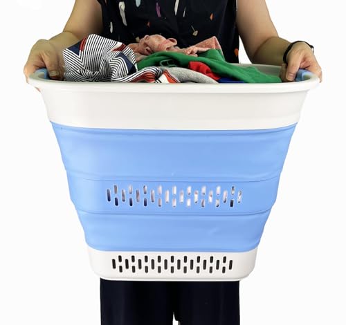 SAMMART 40L (10.5 Gallon) Collapsible Plastic Laundry Basket - Foldable Pop Up Storage Container/Organizer - Portable Laundry Hamper - Space Saving (1, Grey/Little Boy Blue) - color: Grey/Little Boy Blue