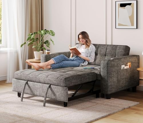 LINSY 54" Pull Out Couch with Charging Station, Small Sleeper Sofa Bed with Cup Holder, 3 in 1 Convertible Loveseat Sleeper Couch for Apartment, Dorm Room, Bedroom and Small Space（Grey） - color: Grey