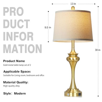 Rinweey 30" Gold Tall Table Lamps for Living Room, Touch Control Modern Bedroom Table Lamp with USB A+C Ports, 3-Way Bedside Lamps Set of 2, Elegant Metal Lamp for Night Stand Desk Side Table Office - color: Gold-30”H