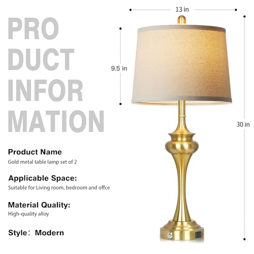 Rinweey 30" Gold Tall Table Lamps for Living Room, Touch Control Modern Bedroom Table Lamp with USB A+C Ports, 3-Way Bedside Lamps Set of 2, Elegant Metal Lamp for Night Stand Desk Side Table Office - color: Gold-30”H