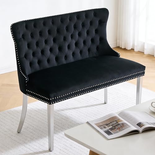 Velvet Upholstered Dining Bench with Back,Luxury Tufted Small Love Seat Settee Sofa Benches,Wingback Banquette Seating Bench with Nailhead Trim Stainless Steel Legs (1, Black+Silver) - color: Black+silver