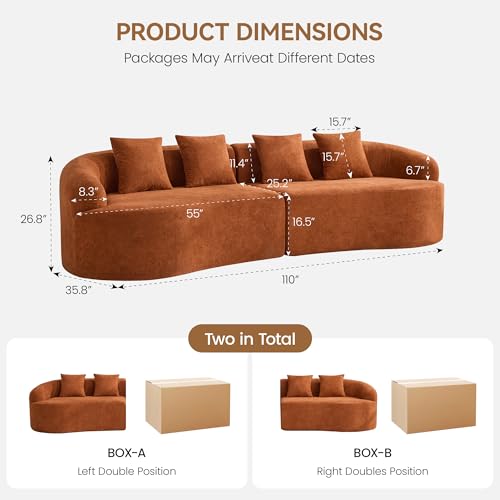 110" Boneless 4 Seater Sofa Couch, Modern Oversized Curved Cloud Sofa, Chenille 4-Seater Deep Seat Sectional Couches for Living Room, No Assembly, Orange - color: Orange, size: 4-Seater Sofa