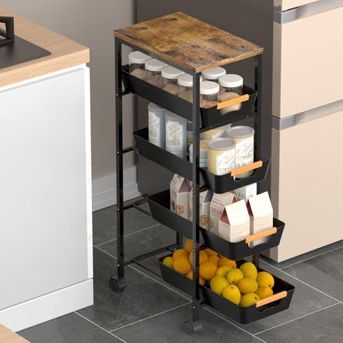 5 Tier Slim Rolling Utility Cart with Drawers Pull-Out Design Slim Storage Cart with Metal Frame and Wooden Top for Narrow Space in Home Kitchen Bathroom Black (Width 9.5 Inches) - color: Black, size: Width 9.5 Inches