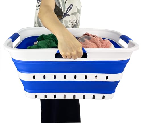 SAMMART 42L (11 gallon) Collapsible Plastic Laundry Basket - Foldable Pop Up Storage Container/Organizer - Space Saving Hamper/Basket (1, White/Dark Blue) - color: White/Dark Blue
