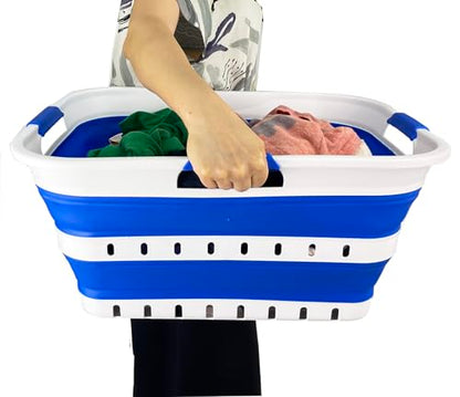 SAMMART 42L (11 gallon) Collapsible Plastic Laundry Basket - Foldable Pop Up Storage Container/Organizer - Space Saving Hamper/Basket (1, White/Dark Blue) - color: White/Dark Blue