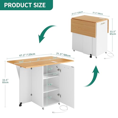 YITAHOME Kitchen Island with Drop Leaf, Folding Extendable Dining Table with Power Outlet, Space Saving Mobile Storage Islands with Trash Can Cabinet Fit 10-Gal Garbage Bin, Yellow Oak - color: Wihte Oak, size: 2 Sides Drop Leaf