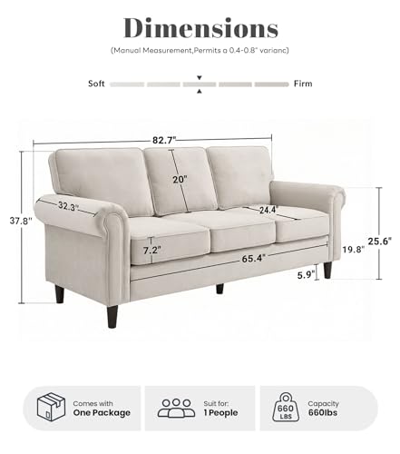 3 Seater Couch, Mid Century Modern Sofa with Rolled Arms and Deep Seats, Fluffy Comfort for Living Room, Apartment, Easy Assembly, Beige - color: Beige, size: Chenille Standard