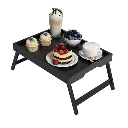 Youpehom Bamboo Bed Tray Table with Folding Legs, Large, Black | Large bamboo bed tray with folding legs, handles and raised edges for meals, laptops, reading and serving in bed. - color: Black, size: Large