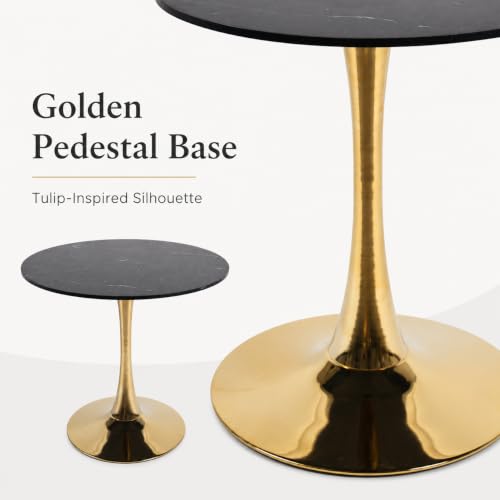 31.5" Small Round Dining Table, Black Marble-Look Top, Gold Tulip Base | 31.5-inch MDF table for 2-4 compact chairs, suited to kitchens, apartments, breakfast nooks, and small dining rooms - color: Black and Golden