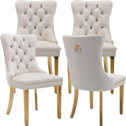 Beige Velvet Dining Chairs Set of 4, Tufted Kitchen & Dining Room Chairs | Four Fabric Dinning Chairs, Velvet Upholstered, Wing Back, Metal Pull Ring, Gold Legs, Wood Frame, Mid Century Modern - color: A-4 Beige Velvet, Gold Legs, size: 4