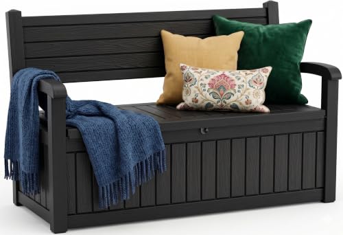 Storage Bench Outdoor Deck Box, 100 Gallon Lockable Patio Furniture, Black | Waterproof & UV Resistant Seating, Indoor/Outdoor Shoe Storage Cabinet for Garden Cushions, Tools, Patio, Pool Supplies
