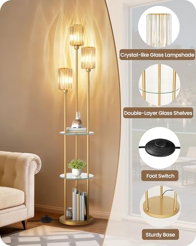 Gold Floor Lamp with Shelves, Modern Floor Lamp with 3 Crystal Shades and Foot Switch, 3-Light Standing Lamp with 3 Shelves, for Living Room, Bedroom, Study, Office, Gold D53LD05 - color: Gold + Crystal Glass