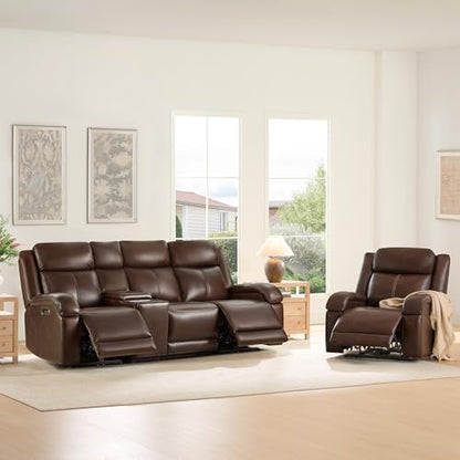 Watson & Whitely Wall Hugger Power Reclining Sofa with Console, Brown | Genuine Leather Recliner Sofa, Power Headrests, Center Storage Console, Cup Holders, 3-Seater Couch, Living Room & RV - color: Dark Brown, style: 3 Seater Sofa (with console)