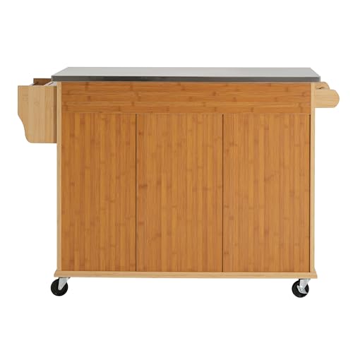 Christopher Knight Home Tredy Bamboo Rolling Cart with Drawers, Kitchen Bar Cart on Wheels with Stainless Steel Top, Rolling Kitchen Cart Storage Cabinet, Serving Cart, 50.8'' x 18.5'', Natural - size: Medium