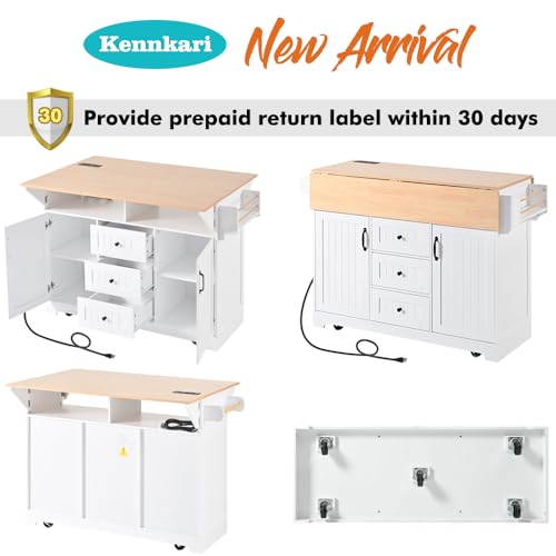Rolling Kitchen Island with 2 Drop Leaf and Power Outlet, Island Table on Wheels with Towel Rack and Spice Rack, Kitchen Cart with Storage Cabinet and Drawers (White) - color: White