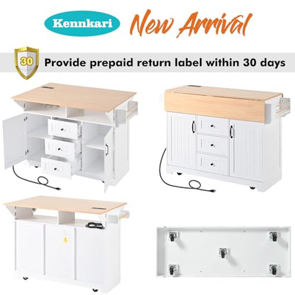 Rolling Kitchen Island with 2 Drop Leaf and Power Outlet, Island Table on Wheels with Towel Rack and Spice Rack, Kitchen Cart with Storage Cabinet and Drawers (White) - color: White