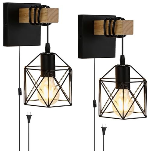 Lightess Farmhouse Plug in Wall Sconces Lamps for Bedroom Set of 2 | Easy Plug In Installation Without Wiring Work Industrial Wall Lights Metal Cage Lampshade Black Wall Mounted for Living Room - size: plug in