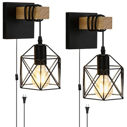 Lightess Farmhouse Plug in Wall Sconces Lamps for Bedroom Set of 2 | Easy Plug In Installation Without Wiring Work Industrial Wall Lights Metal Cage Lampshade Black Wall Mounted for Living Room - size: plug in