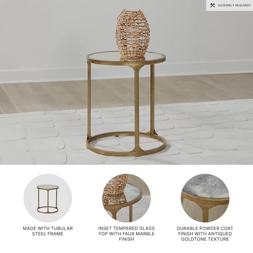 Signature Design by Ashley Korajane Round End Table, Gold, 20 Inch | 20x20x23 in round end table, 21.63 in under table space, Faux marble tempered glass top, Antique gold metal frame - color: Antique Gold