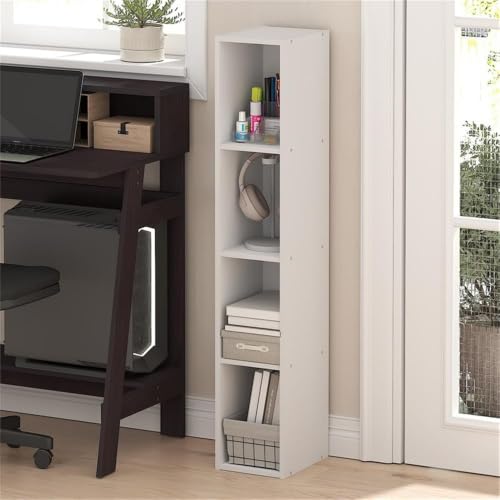 Pemberly Row 4-Tier Slim Narrow Bookcase, 41.6 in Tall Engineered Wood, White Finish, Contemporary Style, Compact Storage Shelves for Books, Living Room, Bedroom, Dorm or Home Office