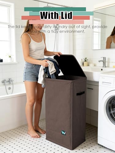 WTREE Laundry Hamper with Lid, Reinforced Sturdy Clothes Hamper with Anti-Puncture Base, Large Collapsible Laundry Basket with Removable Liner Bag, Tall Dirty Clothes Bin for Family, 100L Chocolate - color: Chocolate