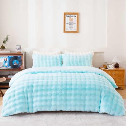 Fluffy Blue Duvet Cover Full Set, Soft Shaggy Plush Rabbit Bedding Set 3 Pieces (1 Fuzzy Comforter Cover + 2 Faux Fur Pillow Cases) Zipper Closure（Blue, Full） - color: Blue, size: Full