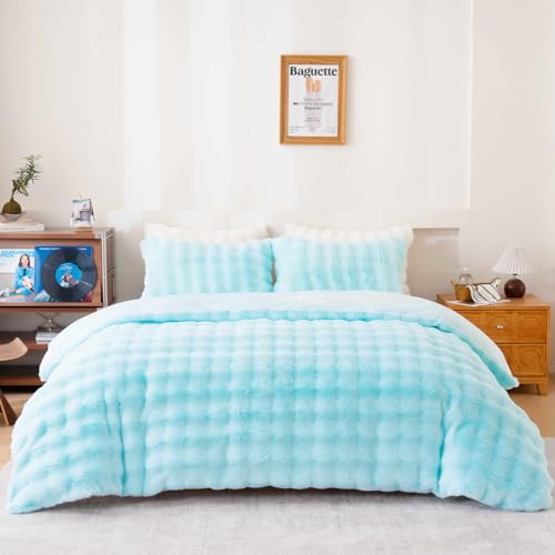 Fluffy Blue Duvet Cover Full Set, Soft Shaggy Plush Rabbit Bedding Set 3 Pieces (1 Fuzzy Comforter Cover + 2 Faux Fur Pillow Cases) Zipper Closure（Blue, Full） - color: Blue, size: Full