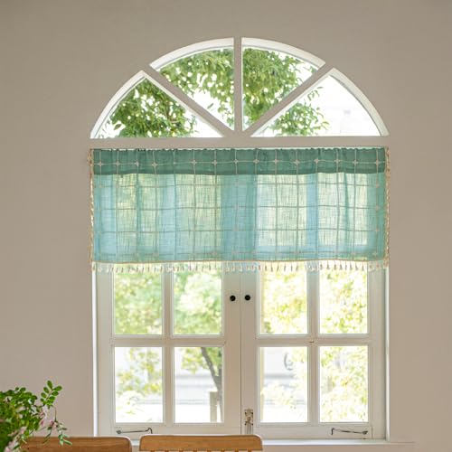 Deeprove Aqua Boho Curtain Valance 18 Inches Length Teal Bohemian Lattice Gingham Textured Embroidery Plaids, Vintage Chic Tassels Casual Easter Decor Drapes Rod Pocket, 1 Panel W52 x L18 - color: Aqua, size: 52"W x 18"L (Pack of 1)