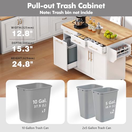 59.3" Rolling Kitchen Island with Trash Can Storage, Mobile Kitchen Storage Island with Drop Leaf, Power Outlet, Pull Out Cabinet Organizer (White) - color: White