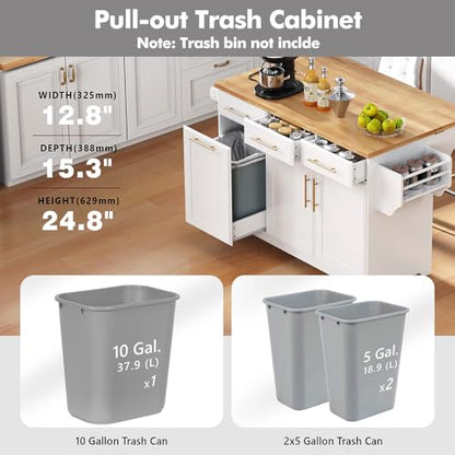 59.3" Rolling Kitchen Island with Trash Can Storage, Mobile Kitchen Storage Island with Drop Leaf, Power Outlet, Pull Out Cabinet Organizer (White) - color: White