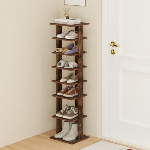 Tangkula 8-Tier Vertical Shoe Rack, Space-Saving Corner Shoe Organizer for 7 Pairs, Narrow Shoe Storage for Entryway, Front Door, or Closet - color: Rustic Brown, size: 10" x 11" x 43.5"