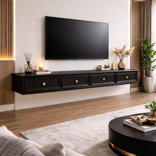 Modern Floating TV Stand Wall Mounted Entertainment Center for Living Room Cabinet with Storage Drawers Solid Wood Media Console Shelf for Bedroom Apartment(Classic Black,102.4in) - color: Classic Black, size: 102.4in
